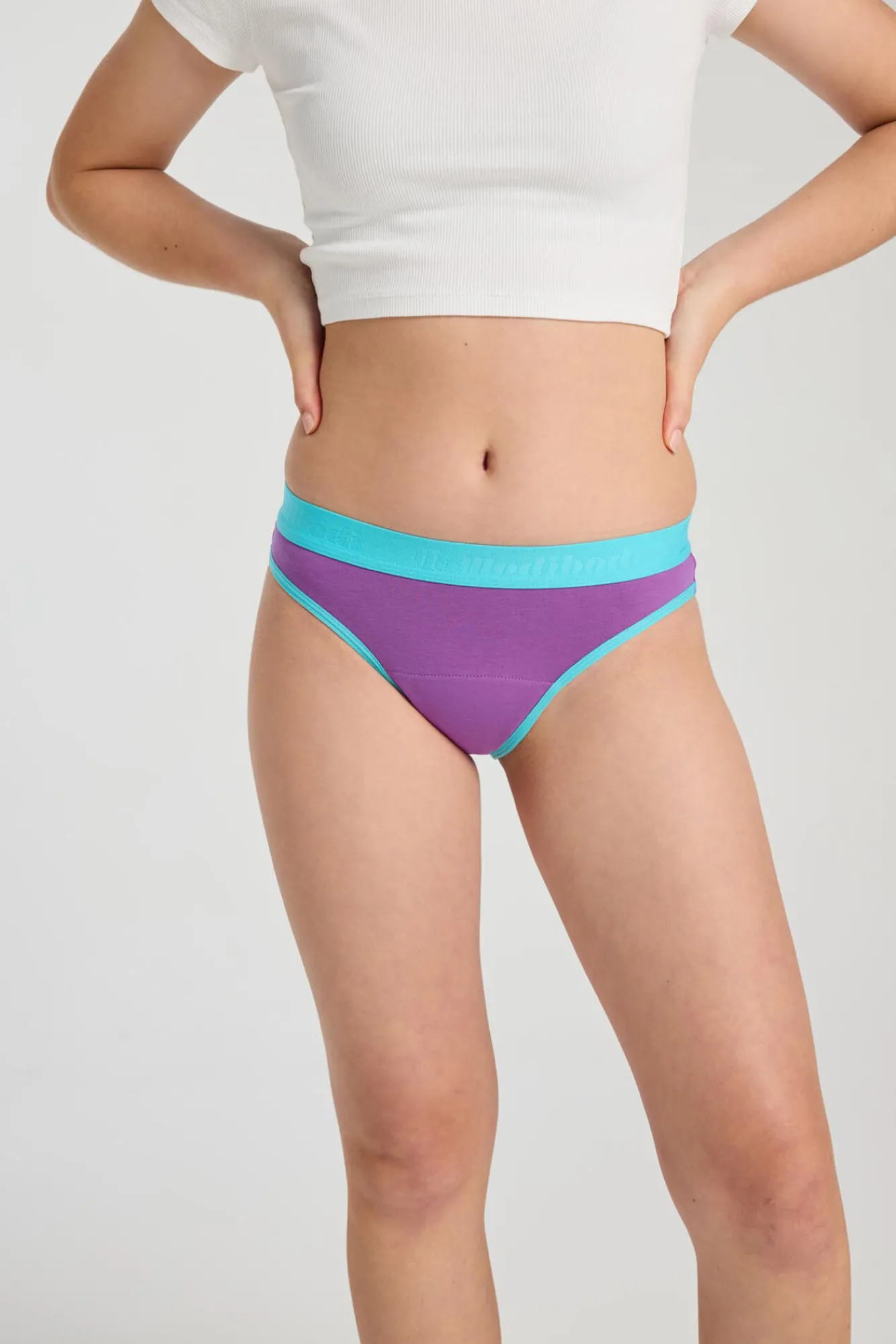 Modibodi Braguita menstrual adolescente hipster algodón orgánico Power Purple absorción moderada abundante