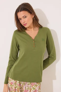 Women'secret Camiseta lisa manga larga 100% algodón verde