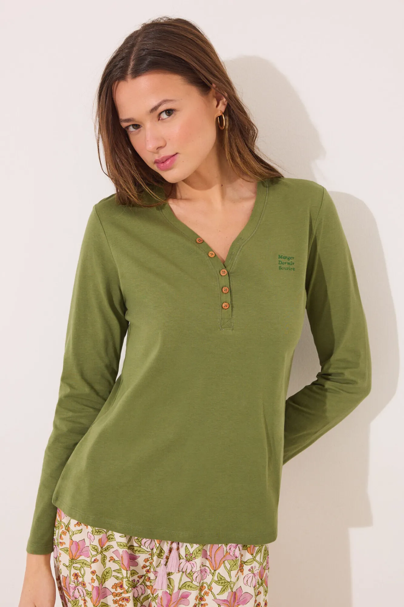 Women'secret Camiseta lisa manga larga 100% algodón verde