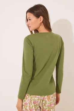 Women'secret Camiseta lisa manga larga 100% algodón verde