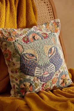 Calma House Funda de cojín con motivos felinos bordados Feli