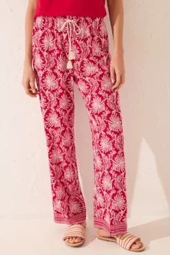Women'secret Pantalón largo viscosa estampado hojas rojo