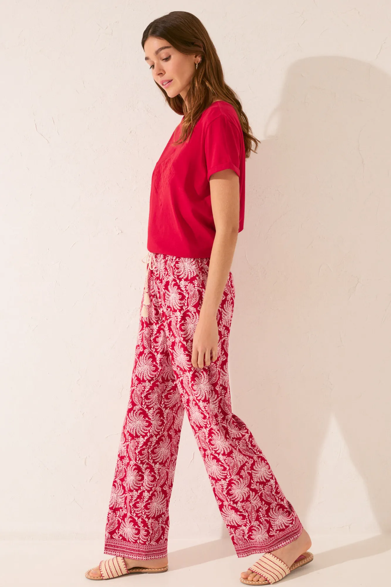 Women'secret Pantalón largo viscosa estampado hojas rojo