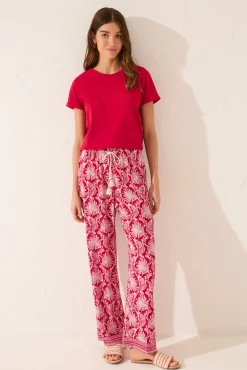 Women'secret Pantalón largo viscosa estampado hojas rojo