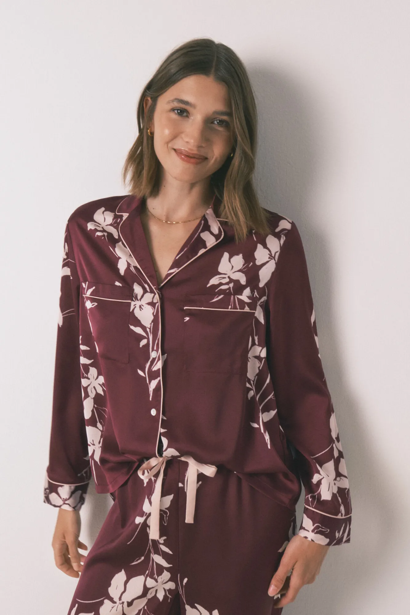 Women'secret Pijama camisero largo floral granate