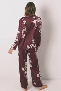 Women'secret Pijama camisero largo floral granate